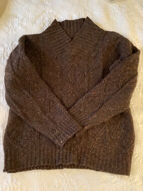 Hand knit. Irish Fisherman Sweater high Vneck  Collar  Dark Chocolate  W/Flecks